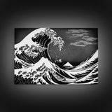 Black and White Wave Canvas Print, Hokusai Inspired Wall Art, Woodblock Print Style, Wall Art, Vintage Style Wall Art