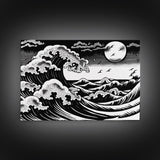 Black and White Wave Canvas Print, Hokusai Inspired Wall Art, Woodblock Print Style, Wall Art, Vintage Style Wall Art