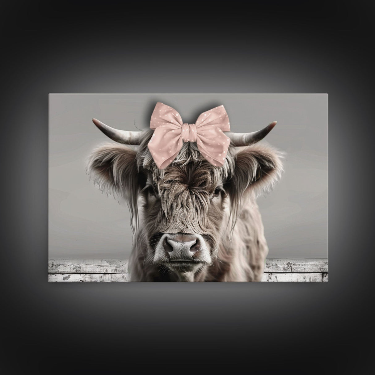 Framed Canvas Print, Cute Highland Cow Wearing A Pink Bowtie, Framed Wall Decor, Rustic Minimalist Farmhouse Decor, Western Art