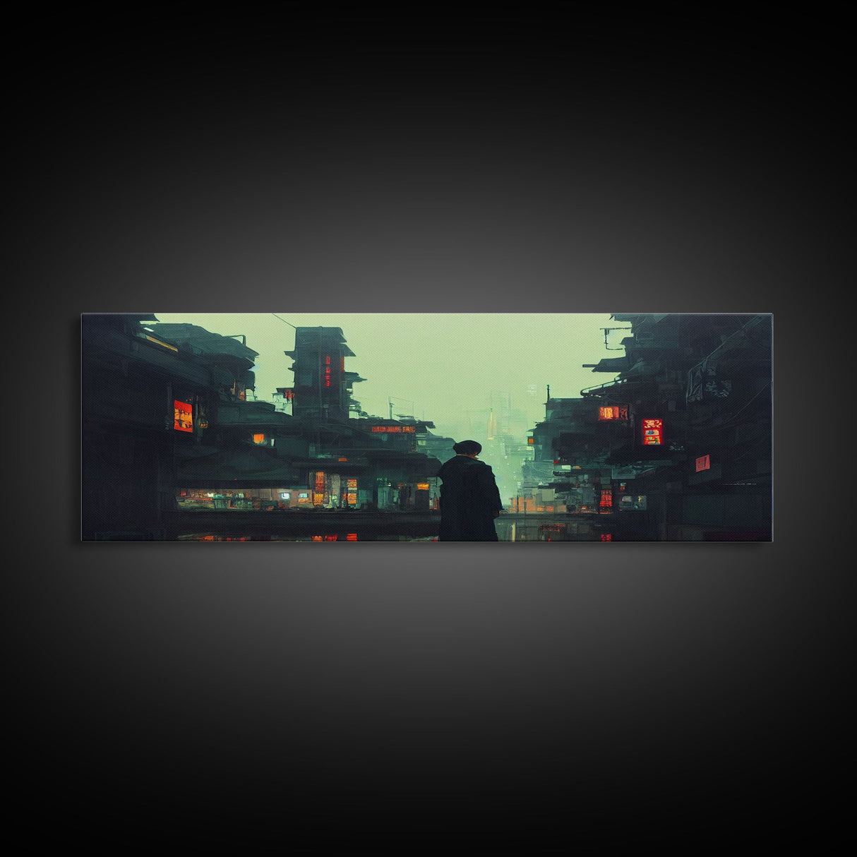 80s style Cyberpunk Japanese City, Retro Punk Tokyo, Framed Canvas Print, Framed Wall Art, Large Panoramic Wall Decor