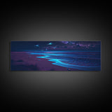 Night Moves, Retro Synthwave Beach Art, Framed Canvas Print, Starry night sky over the pacific ocean