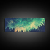 Green Night Sky Watercolor Art Print, Forest Canvas Art, Dark Forest Art, Starry Night Sky, Galaxy Art, Panoramic, Wall Art, Canvas Print