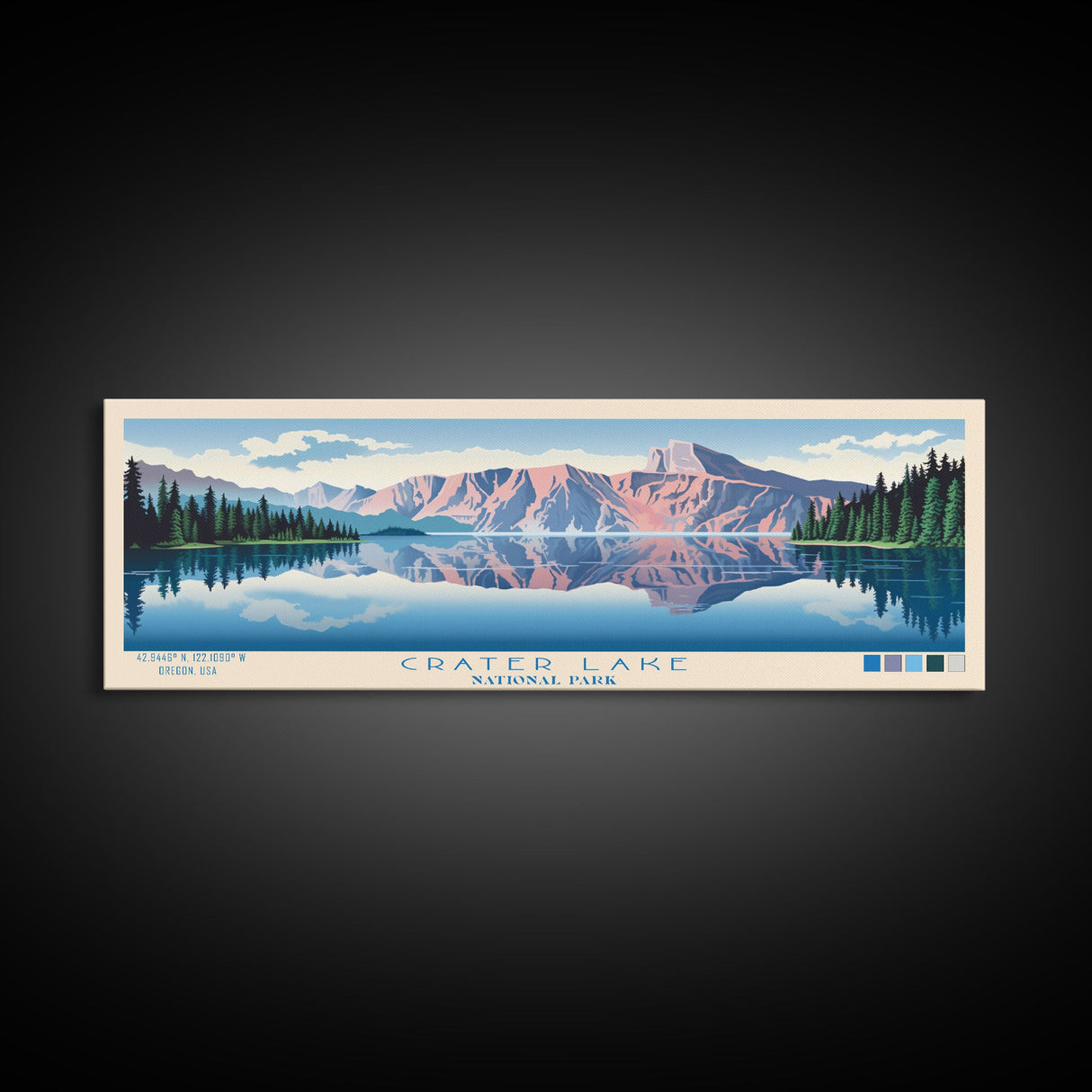 Crater Lake National Park, Panoramic Oregon Travel Art, National Park Print, Minimalist Travel Art, Midcentury Modern Style Landscape