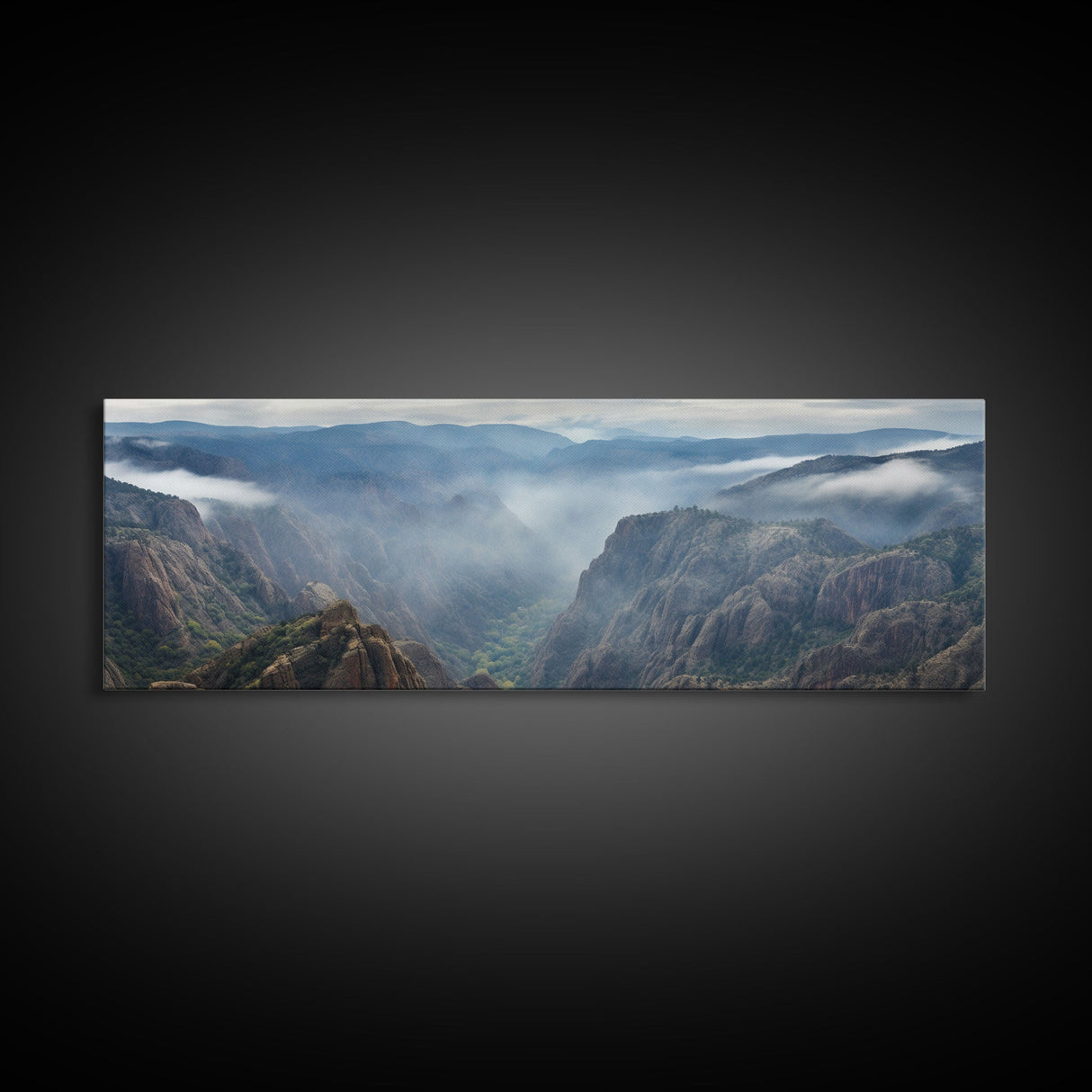 Ultrawide Panoramic Watercolor Landscape Painting Of A Desert Canyon, Framed Canvas Print, Subdued Boho Minimalist Wall Art, Guest Room Art