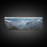 Ultrawide Panoramic Watercolor Landscape Painting Of A Desert Canyon, Framed Canvas Print, Subdued Boho Minimalist Wall Art, Guest Room Art