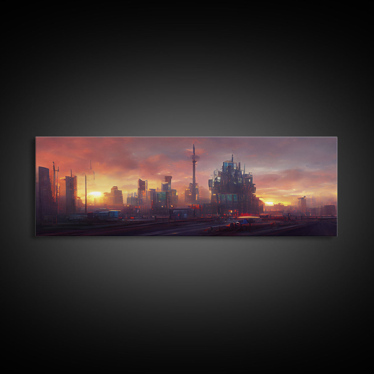 Cyberpunk City, Night City Watercolor, Ready To Hang Canvas Print, Panoramic, Videogame Concept Art, Watercolor Painting Of a Cyberpunk City