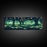Fantasy Forest At Night With Fireflies, Extra Large Wall Art, Framed Panoramic Canvas Print, Framed Wall Art