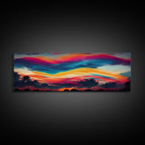 Beautiful Panoramic Sunset Watercolor, Extra Large Wall Art, Framed Panoramic Canvas Print, Framed Wall Art