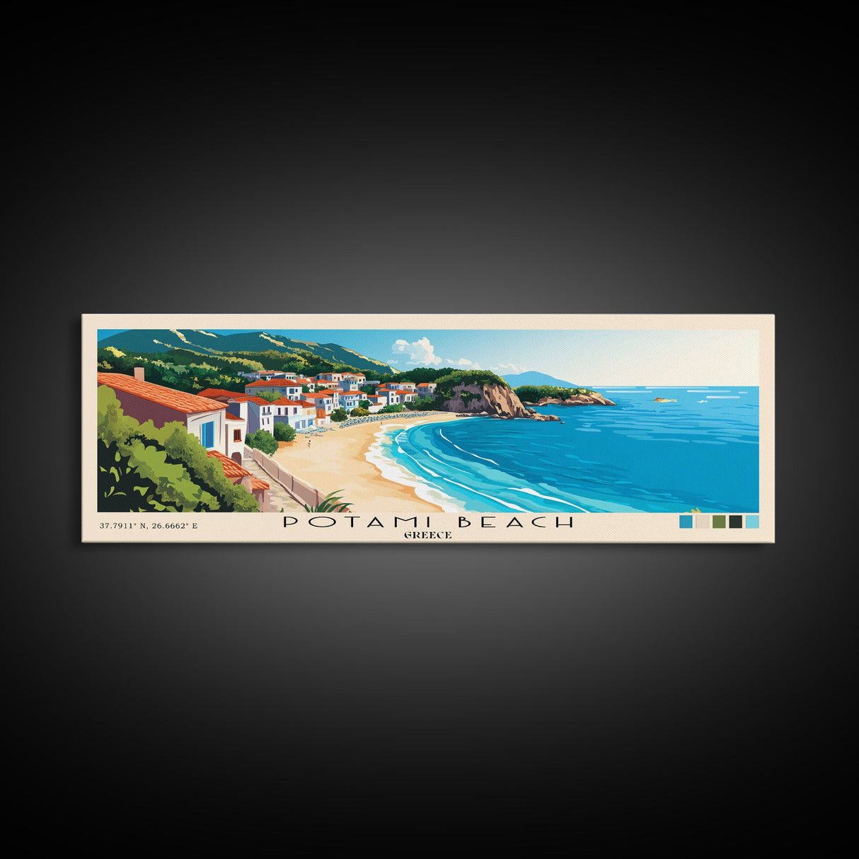 Potami Beach, Greece Panoramic Beach Print, Vacation Gift, Greece Wall Art, Framed Canvas Print, Framed Beach Painting