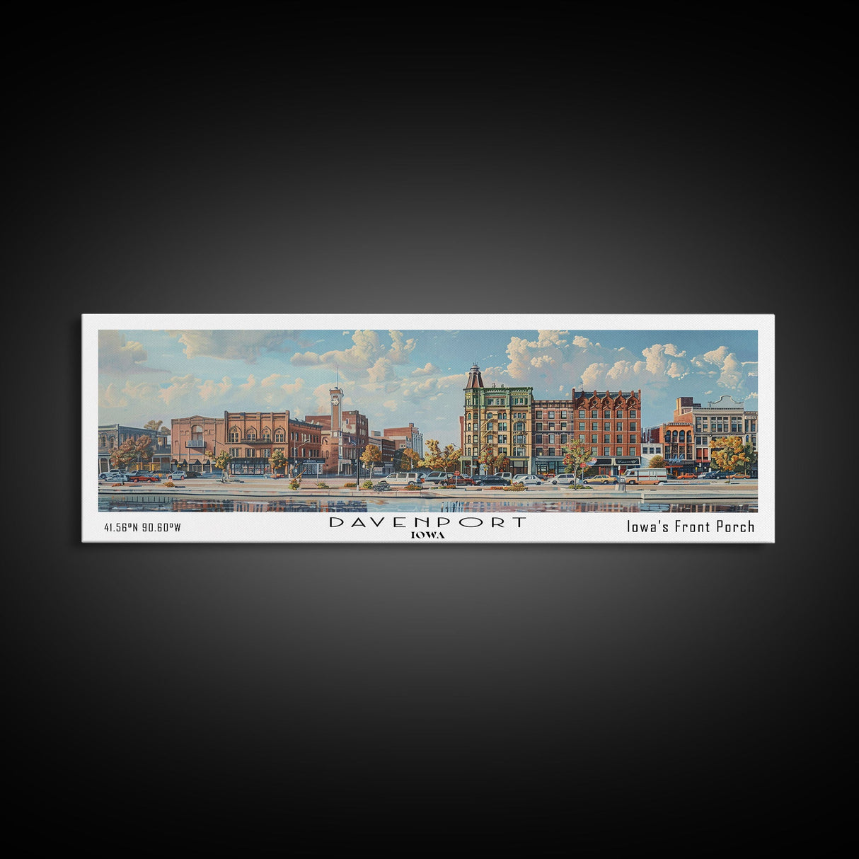 Davenport Iowa Panoramic Watercolor Painting, Scenic Framed Canvas Print, Urban Wall Art for Office, Travel Poster, Home Decor, City Gift Idea