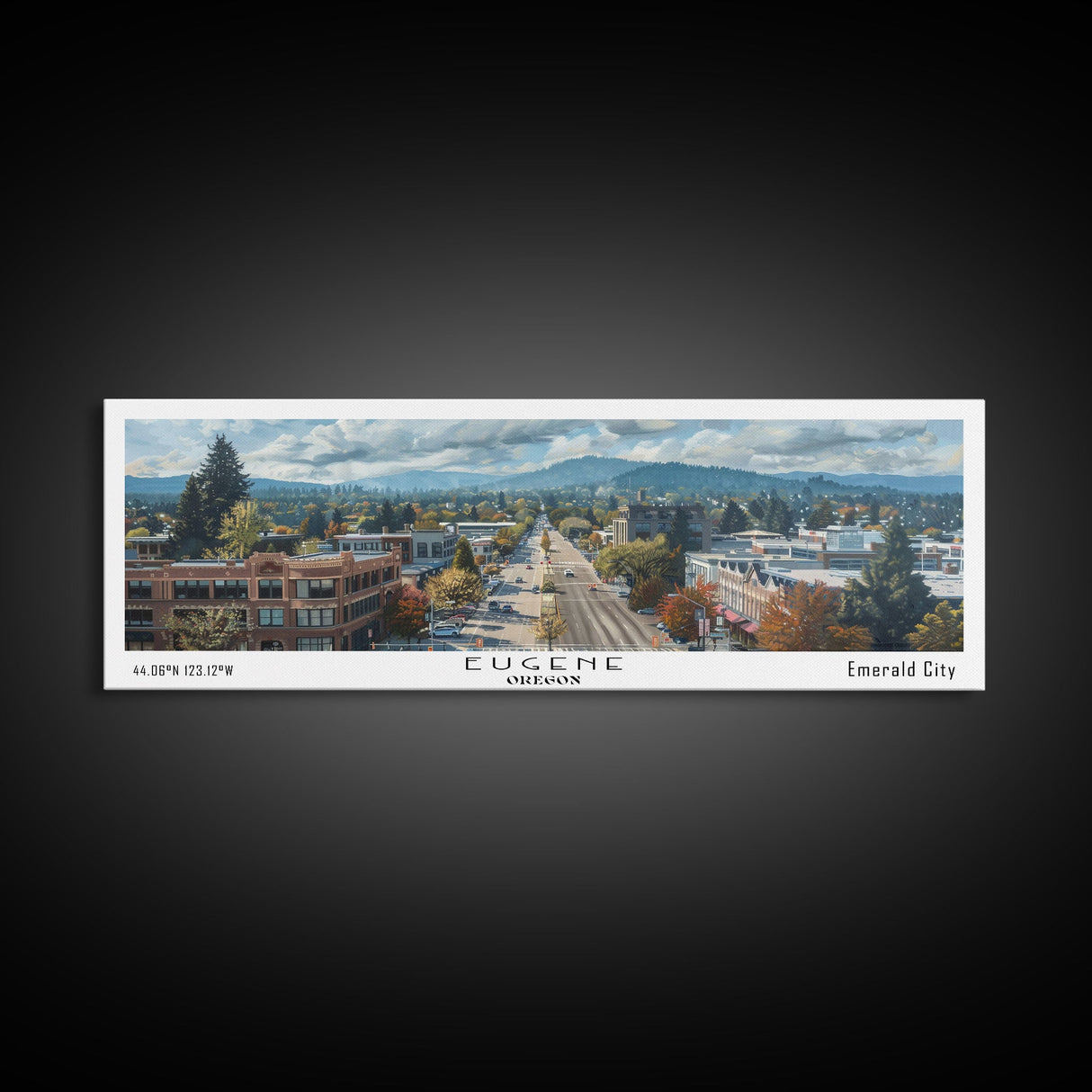 Eugene Oregon Panoramic Watercolor Painting, Scenic Framed Canvas Print, Urban Wall Art for Office, Travel Poster, Home Decor, City Gift Idea