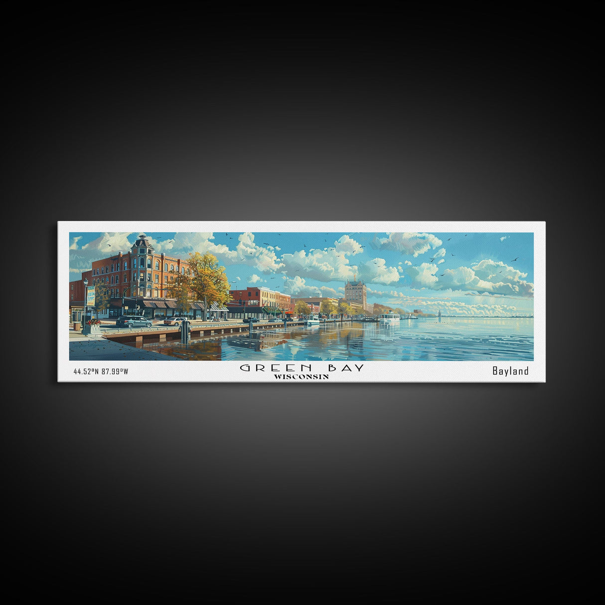 Green Bay Wisconsin Panoramic Watercolor Painting, Urban Framed Canvas Print, Cityscape Wall Art for Office, Travel Decor, Home Gift Idea