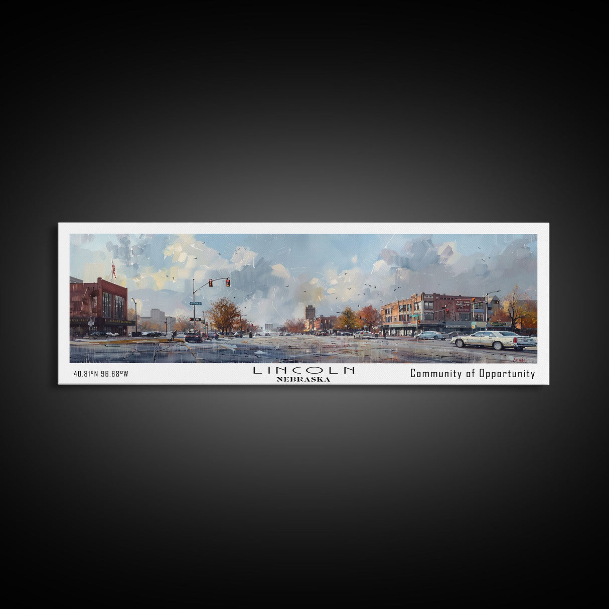 Lincoln Nebraska Panoramic Watercolor Cityscape, Framed Canvas Print for Living Room, Office Wall Art, Urban Decor, Travel Poster