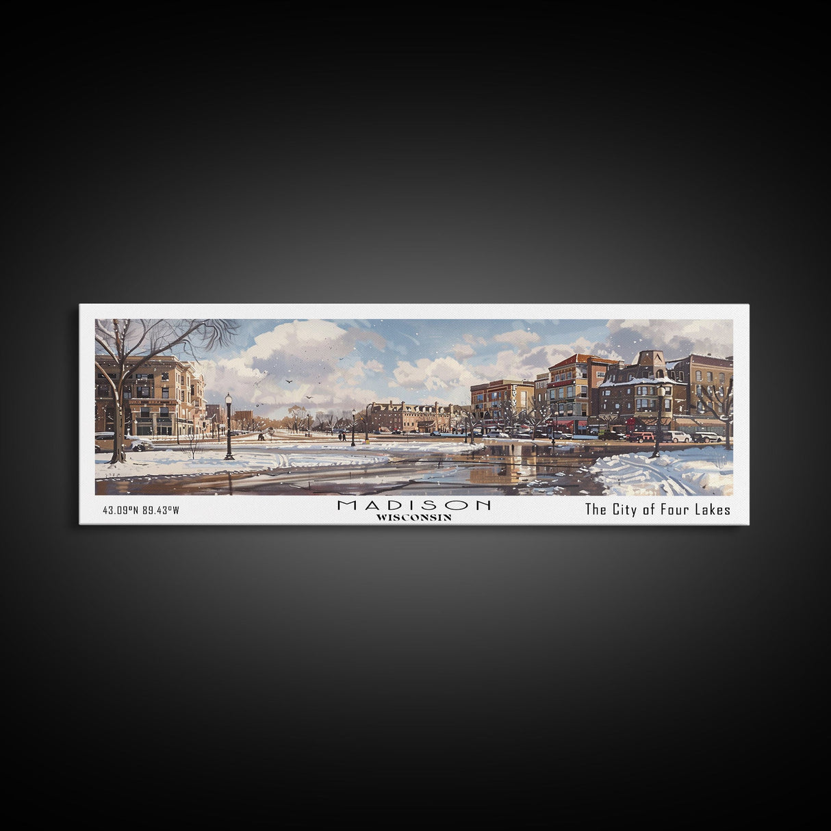 Madison Wisconsin Panoramic Watercolor Cityscape, Framed Canvas Print for Living Room, Office Wall Art, Urban Decor, Travel Poster