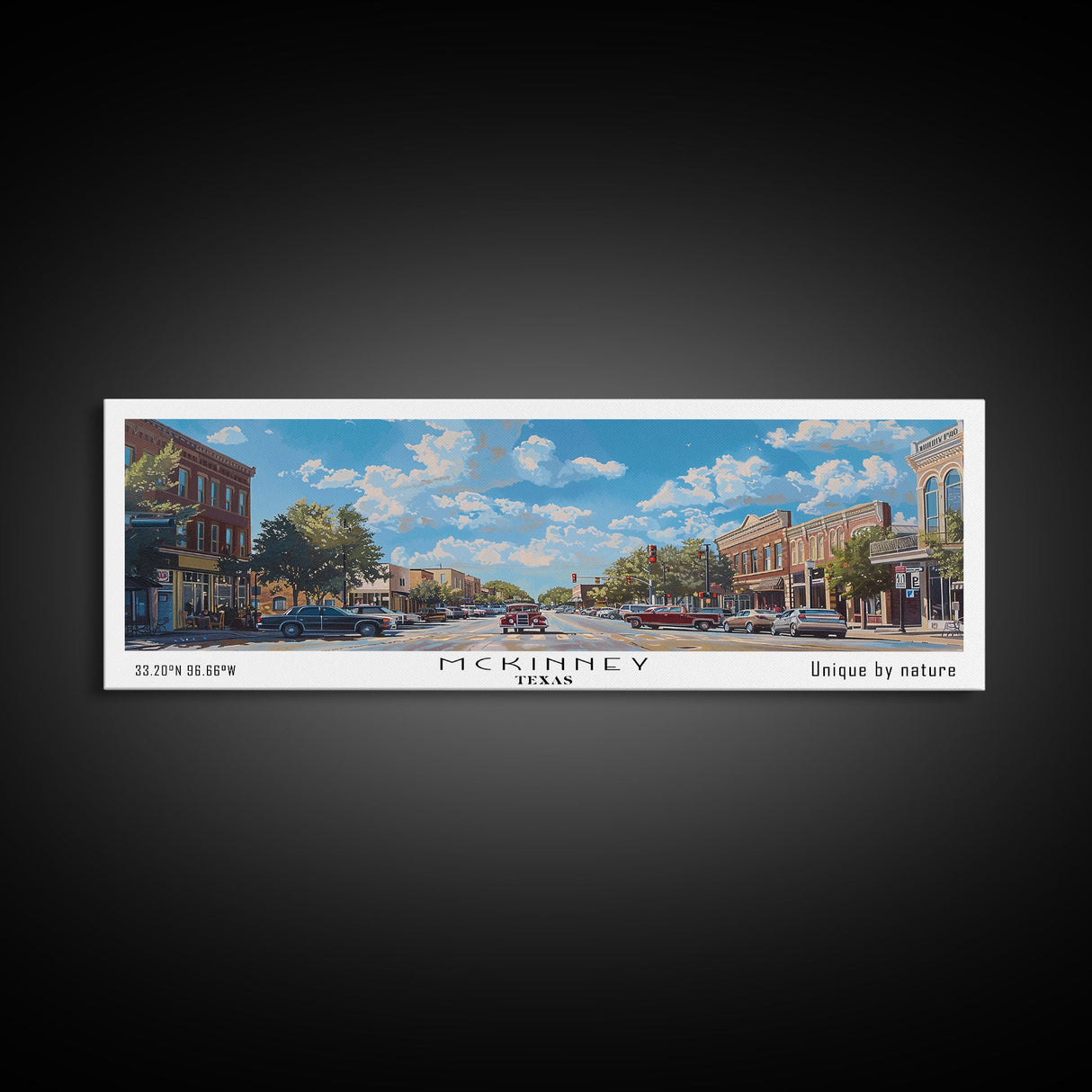 McKinney Texas Panoramic Framed Canvas Print, Beautiful Watercolor Art, Perfect Office Wall Decor, Living Room Art, Travel Poster, City Print