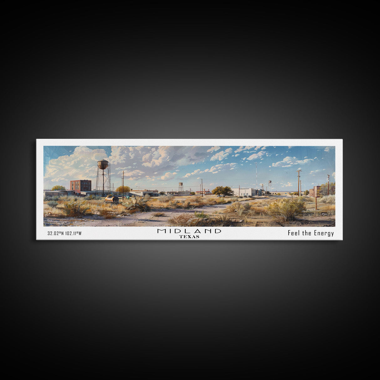 Midland Texas Panoramic Framed Canvas Print, Stunning Watercolor Painting, Office Wall Art, Travel Poster, Home Decor, City Art, Gift Idea