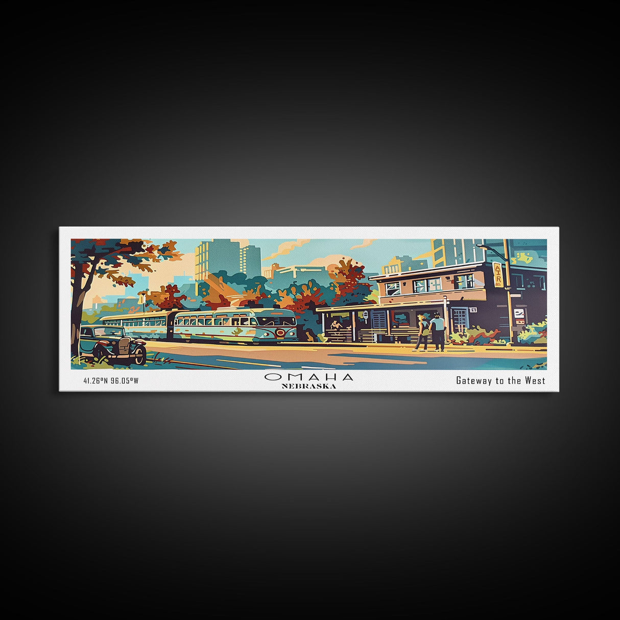 Omaha Nebraska Panoramic Painting, Mid Century Modern Framed Canvas Print, Retro Pop Art Travel Poster, Living Room Art, Home Decor, Office Wall Art, Vintage Style