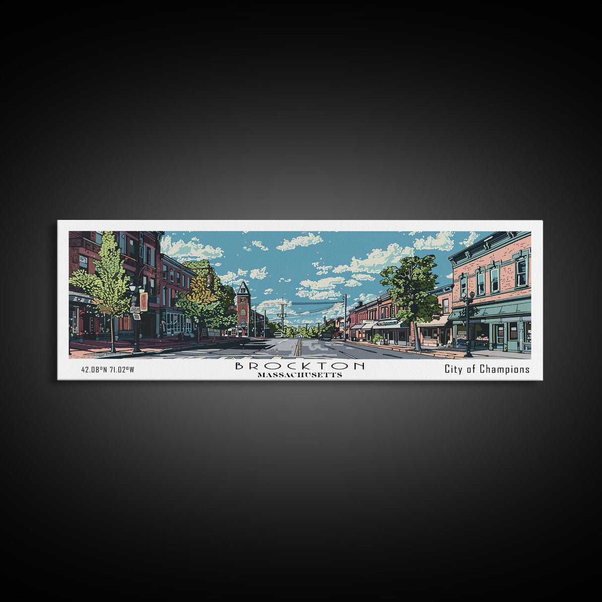 Brockton Massachusetts Panoramic Painting, Mid Century Modern Framed Canvas Print, Retro Pop Art Travel Poster, Home Decor, City Art