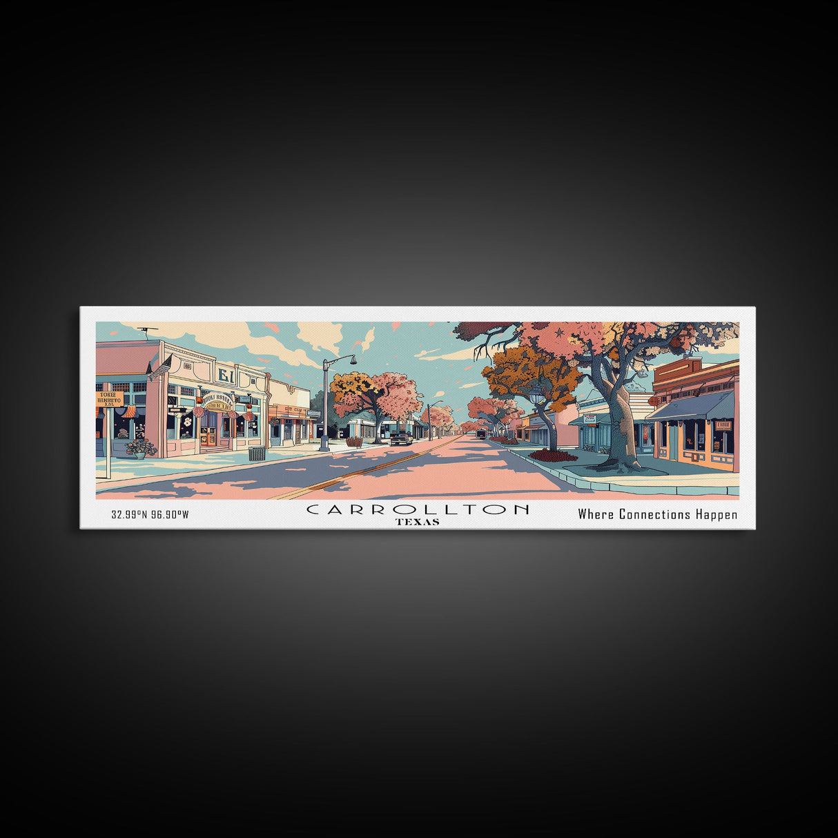 Carrollton Texas Panoramic Painting, Mid Century Modern Framed Canvas Print, Retro Pop Art Travel Poster, Office Wall Art, City Print