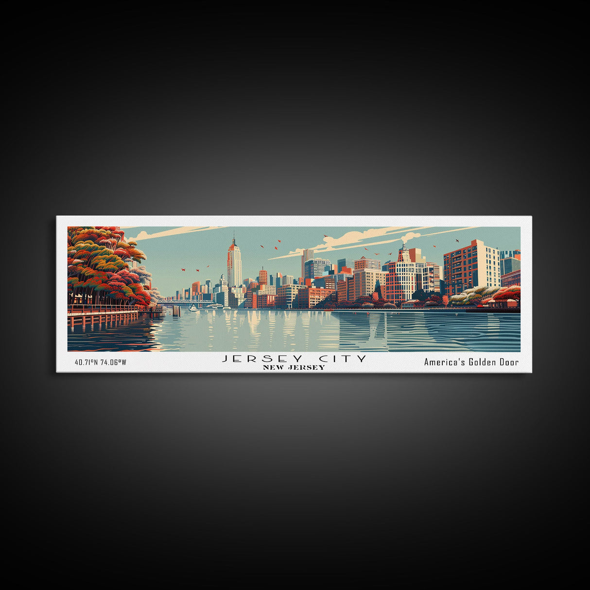 Jersey City New Jersey Panoramic Painting, Framed Canvas Print, Mid Century Modern Wall Art, Retro Pop Art Travel Poster, Cityscape Decor, Office Wall Art, Home Decor