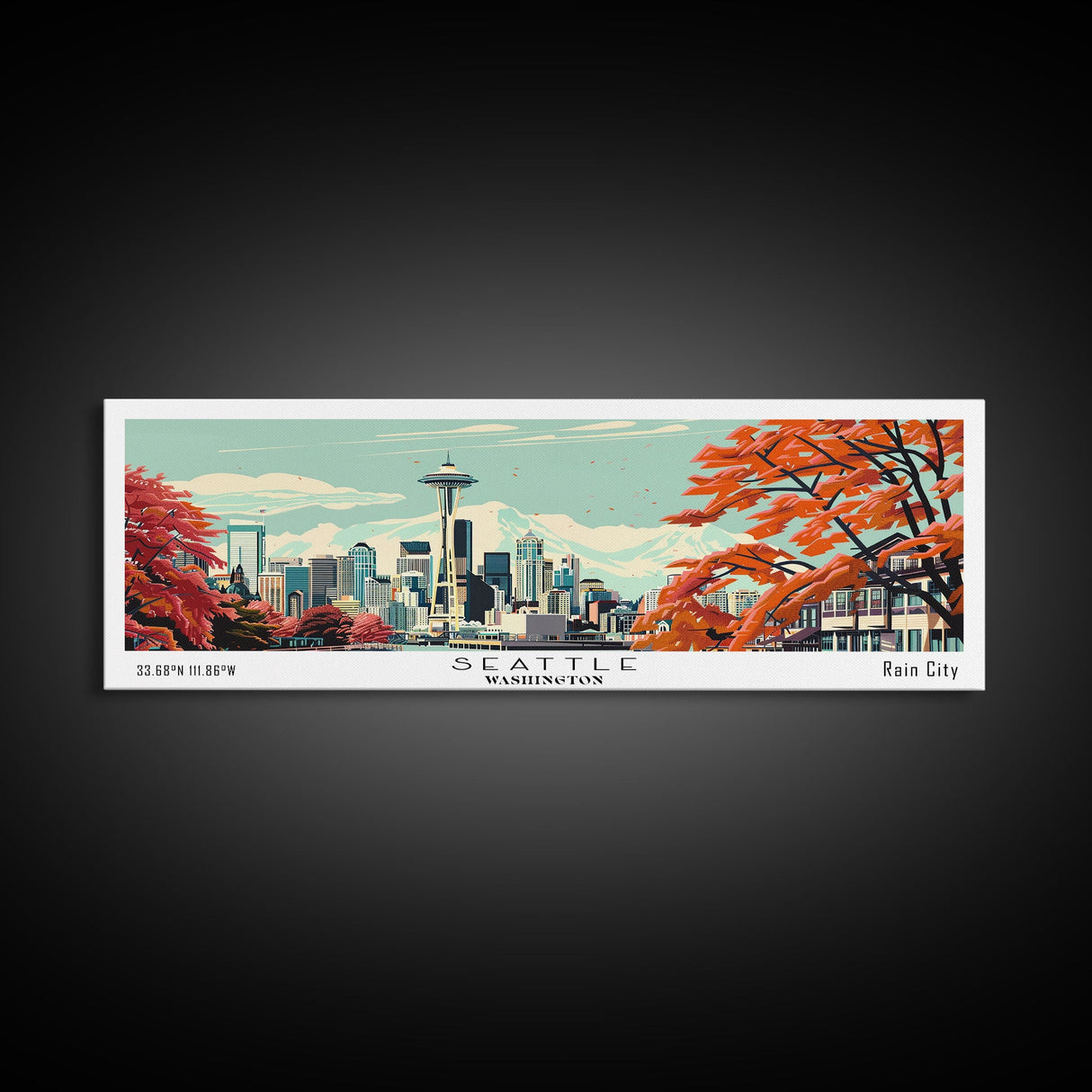 Seattle Washington Panoramic Painting, Mid Century Modern Framed Canvas Print, Retro Pop Art Travel Poster, Cityscape, Home Decor, Office Wall Art