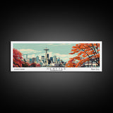 Seattle Washington Panoramic Painting, Mid Century Modern Framed Canvas Print, Retro Pop Art Travel Poster, Cityscape, Home Decor, Office Wall Art