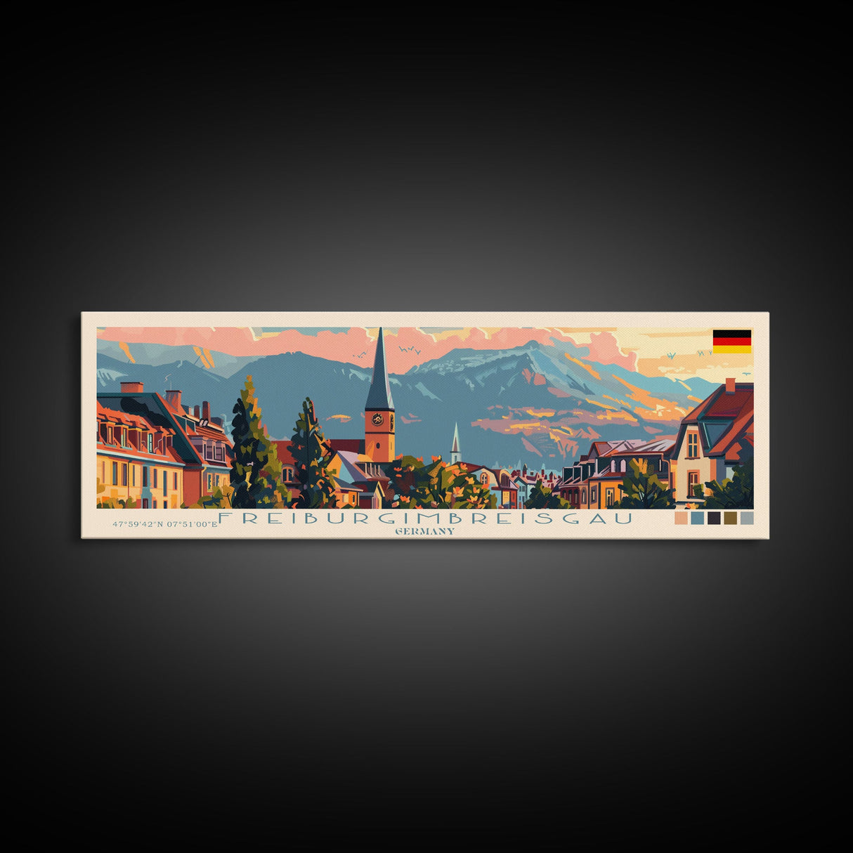 Freiburg Germany Panoramic Travel Poster, Framed Canvas Print or Metal Wall Art, Travel Art, Home Decor, Panoramic Painting, Midcentury Art