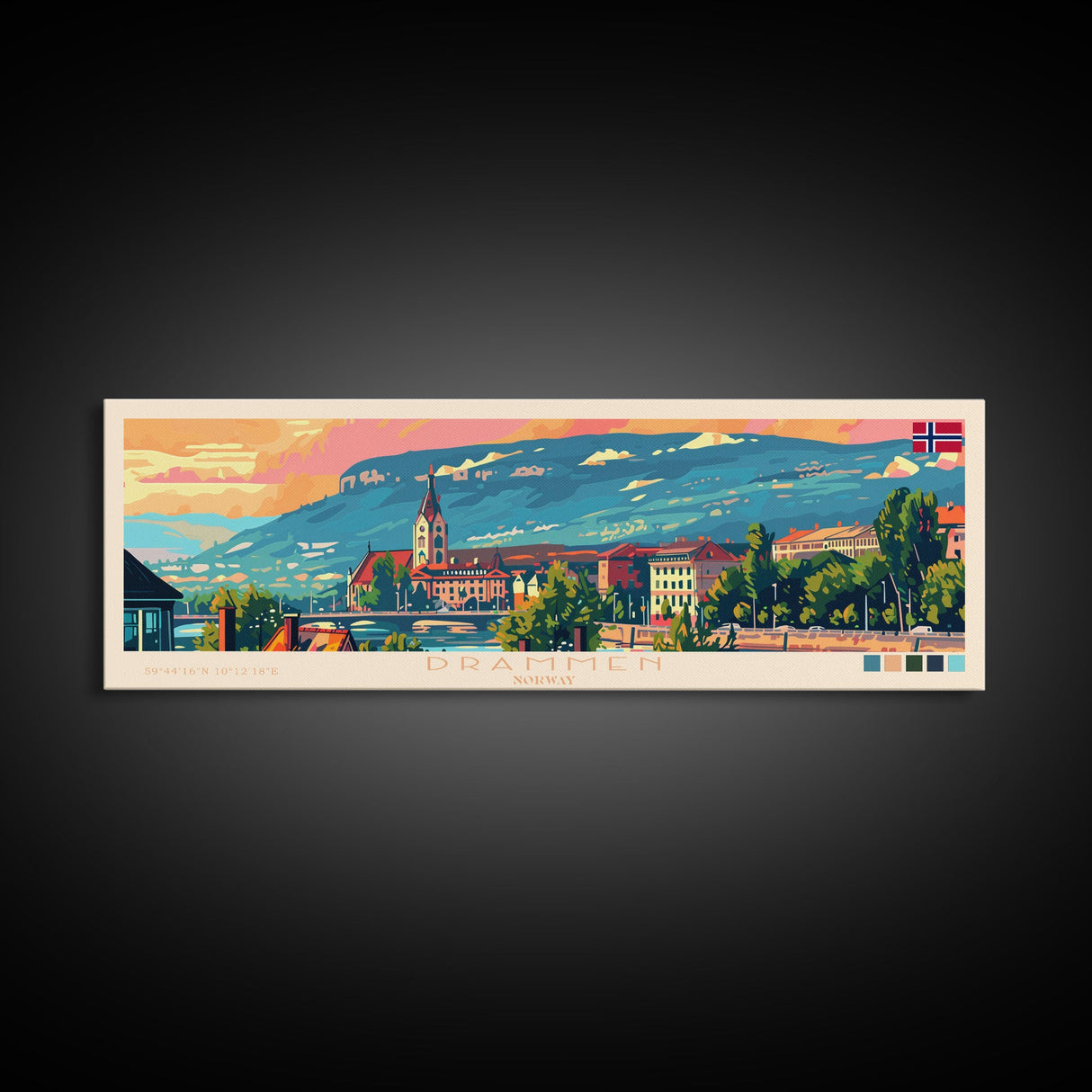 Drammen Norway Travel Print Wall Art, Panoramic City Art, Travel Art, Wall Decor, Vacation Gift, Framed Canvas Print Or Metal Art