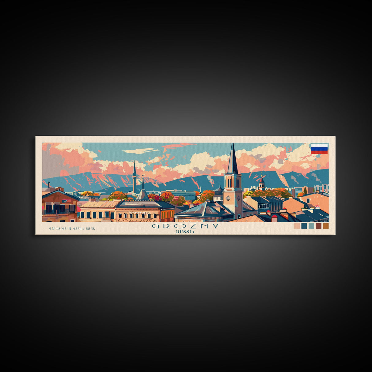 Grozny Russia Panoramic Travel Poster, Framed Canvas Print or Metal Wall Art, Travel Art, Home Decor, Panoramic Painting, Midcentury Art
