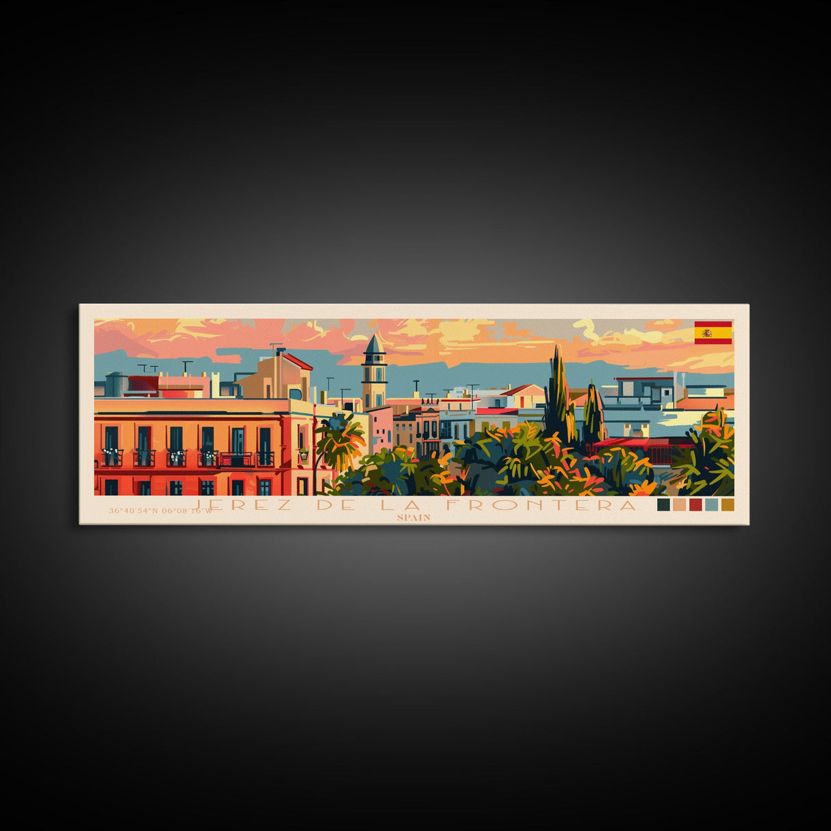 Jerez D eLa Frontera Spain Panoramic Travel Poster, Framed Canvas Print or Metal Wall Art, Travel Art, Home Decor, Panoramic Painting, Midcentury Art