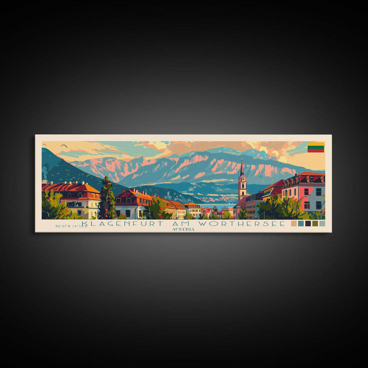 Klagenfurt Austria Panoramic Travel Poster, Framed Canvas Print or Metal Wall Art, Travel Art, Home Decor, Panoramic Painting, Midcentury Art