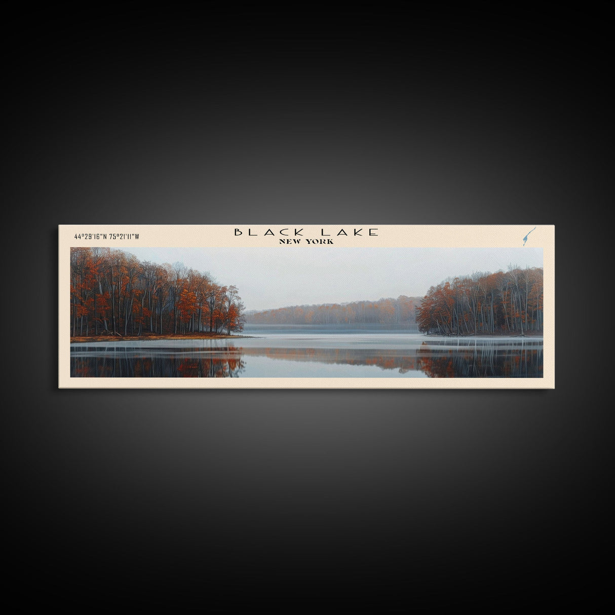 Black Lake New York Framed Canvas Print, Lake House Decor, Panoramic Scenic View, Travel Poster, Modern Art, Lake Painting