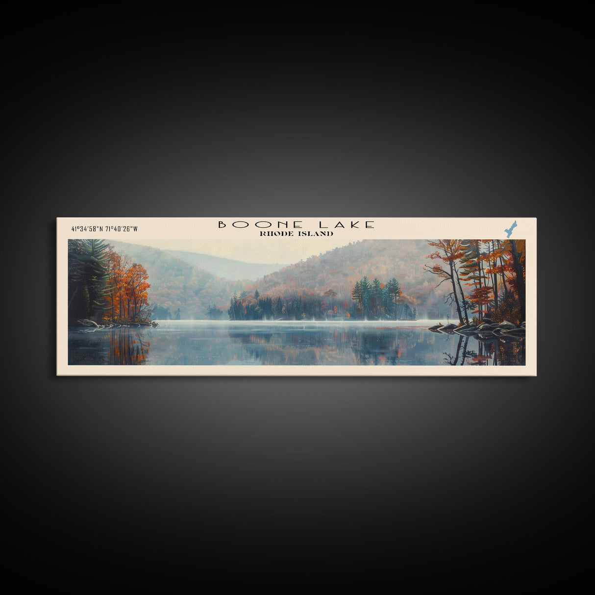 Boone Lake Rhode Island Framed Canvas Print, Panoramic Lake House Decor, Scenic View, Travel Poster, Rustic Art, Lake Painting