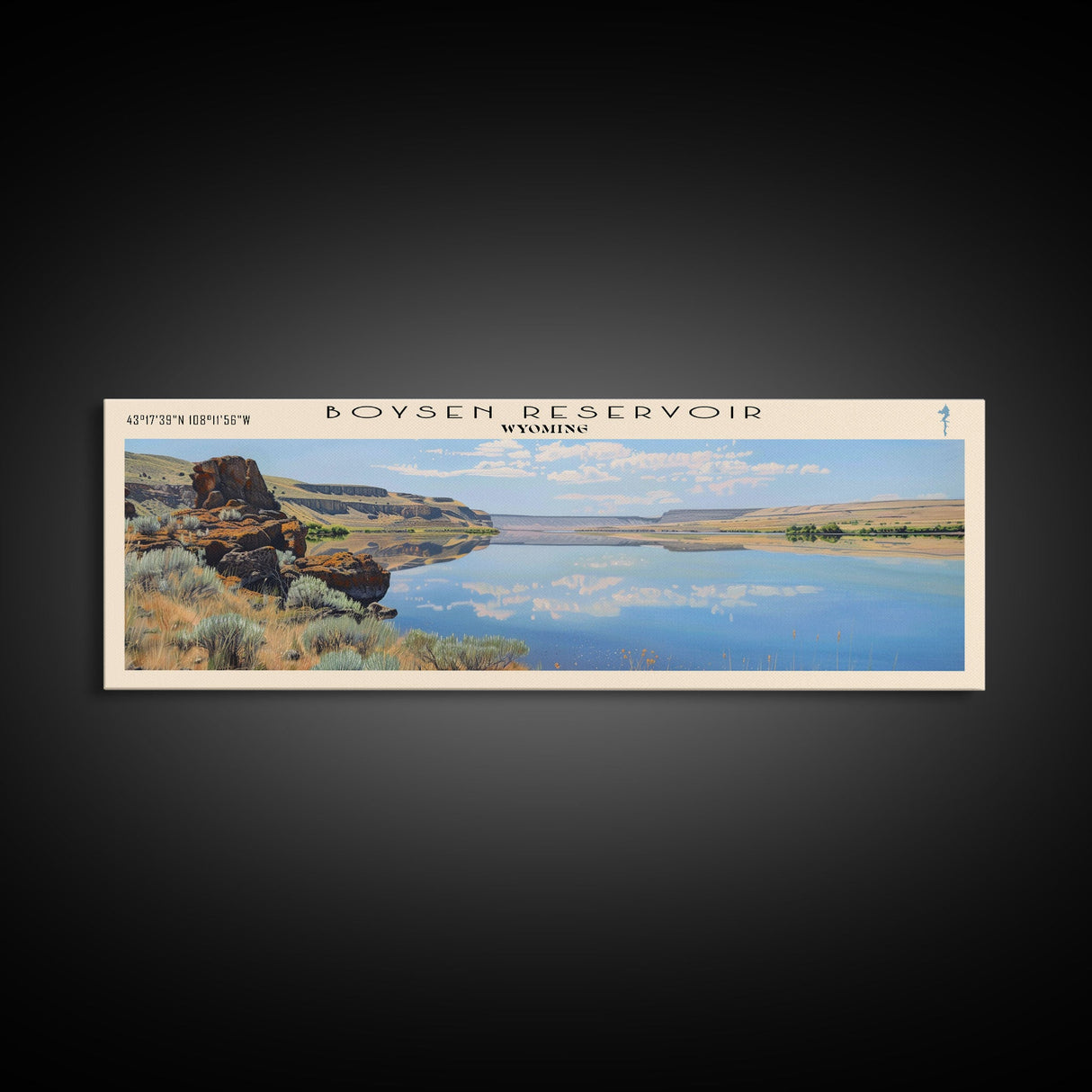 Boysen Reservoir Wyoming Framed Canvas Print, Lake House Art, Panoramic Wall Art, Travel Poster, Minimalist Lake Painting, Home Decor