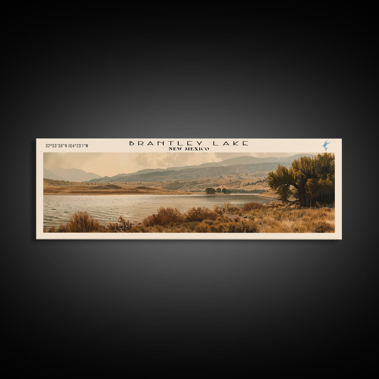 Brantley Lake New Mexico Framed Canvas Print, Lake House Art, Panoramic Wall Art, Travel Poster, Modern Lake Painting, Nature Art