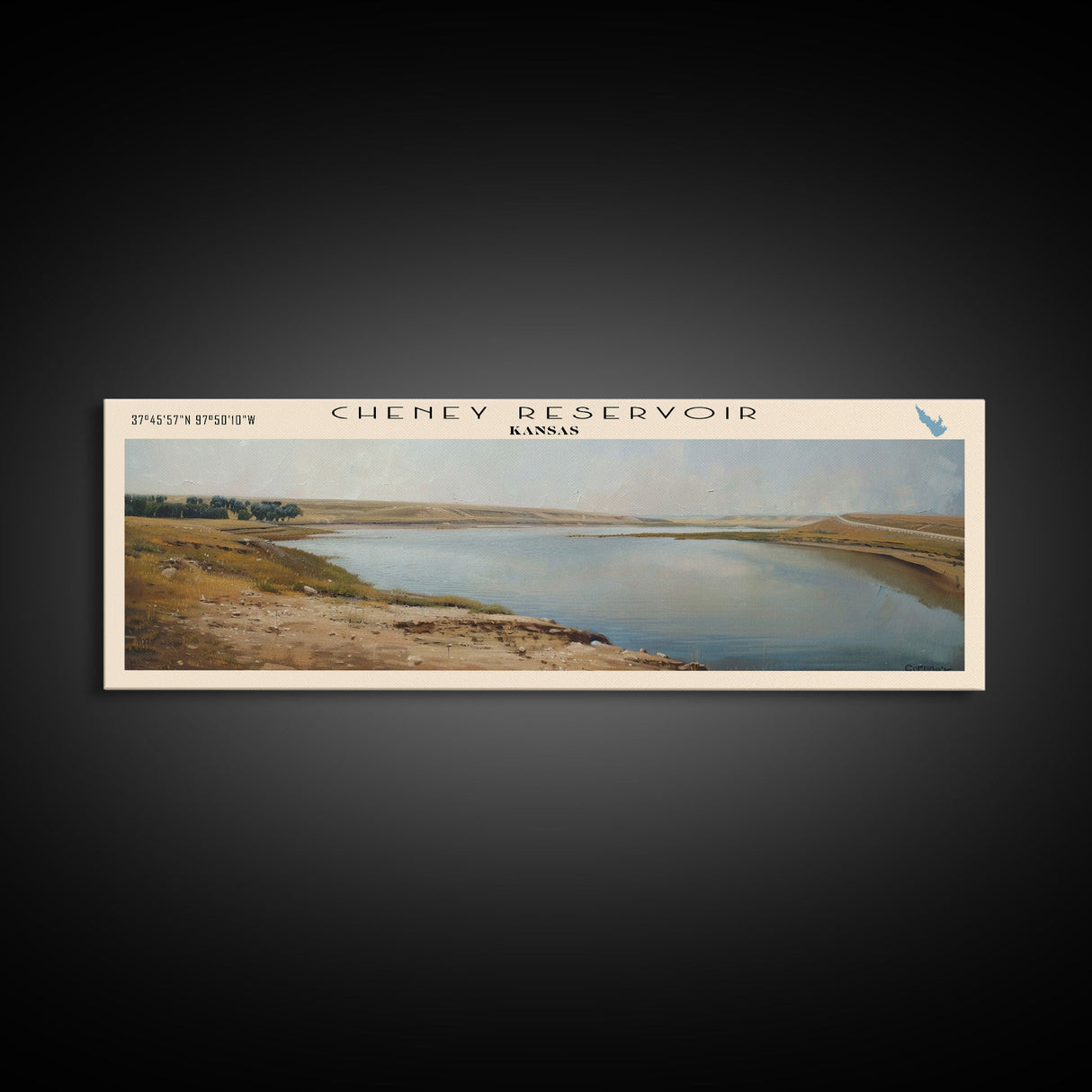 Cheney Reservoir Kansas Framed Canvas Print, Panoramic Lake House Decor, Wide Wall Art, Travel Poster, Rustic Lake Painting, Home Decor