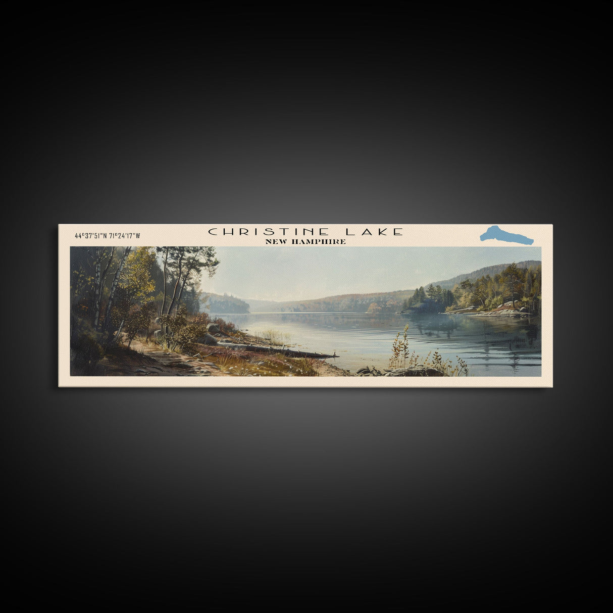 Christine Lake New Hampshire Framed Canvas Print, Lake House Art, Panoramic Wide Art, Travel Poster, Rustic Lake Painting, Home Decor