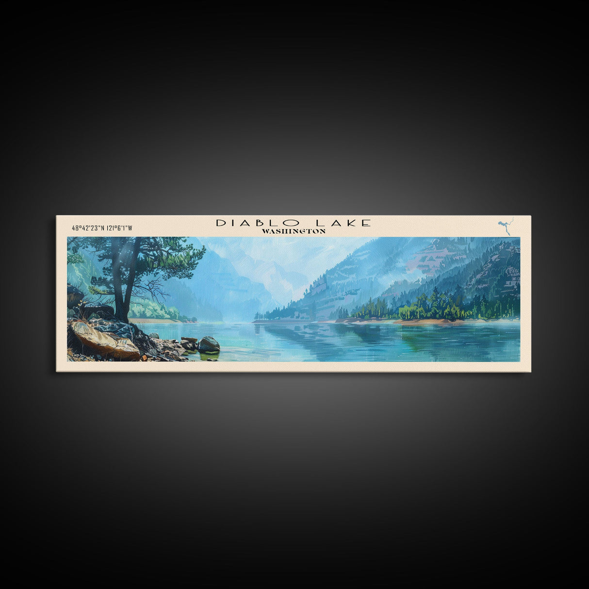 Diablo Lake Washington Framed Canvas Print, Lake House Art, Panoramic Wall Art, Travel Poster, Minimalist Lake Painting, Home Decor