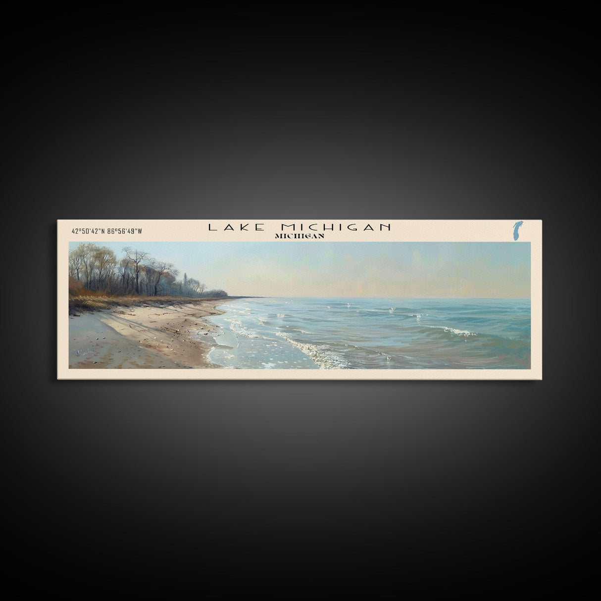 Lake Michigan Framed Canvas Print, Lake House Decor, Panoramic Wall Art, Travel Poster, Beautiful Landscape Painting, Bedroom Decor