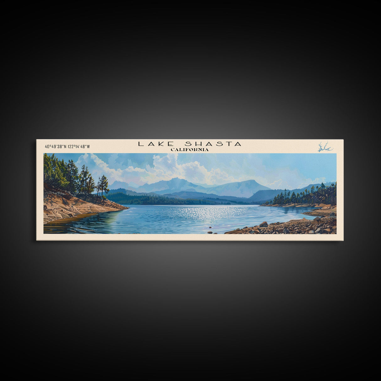 Lake Shasta, Boho Art, Beautiful Landscape, Travel Poster Art, Wall Art, Home Decor, Nature Scene, Lake Painting, Minimalist Art, Rustic Art, Travel Print, Framed Canvas Print, Lake House Decor, Panoramic Print