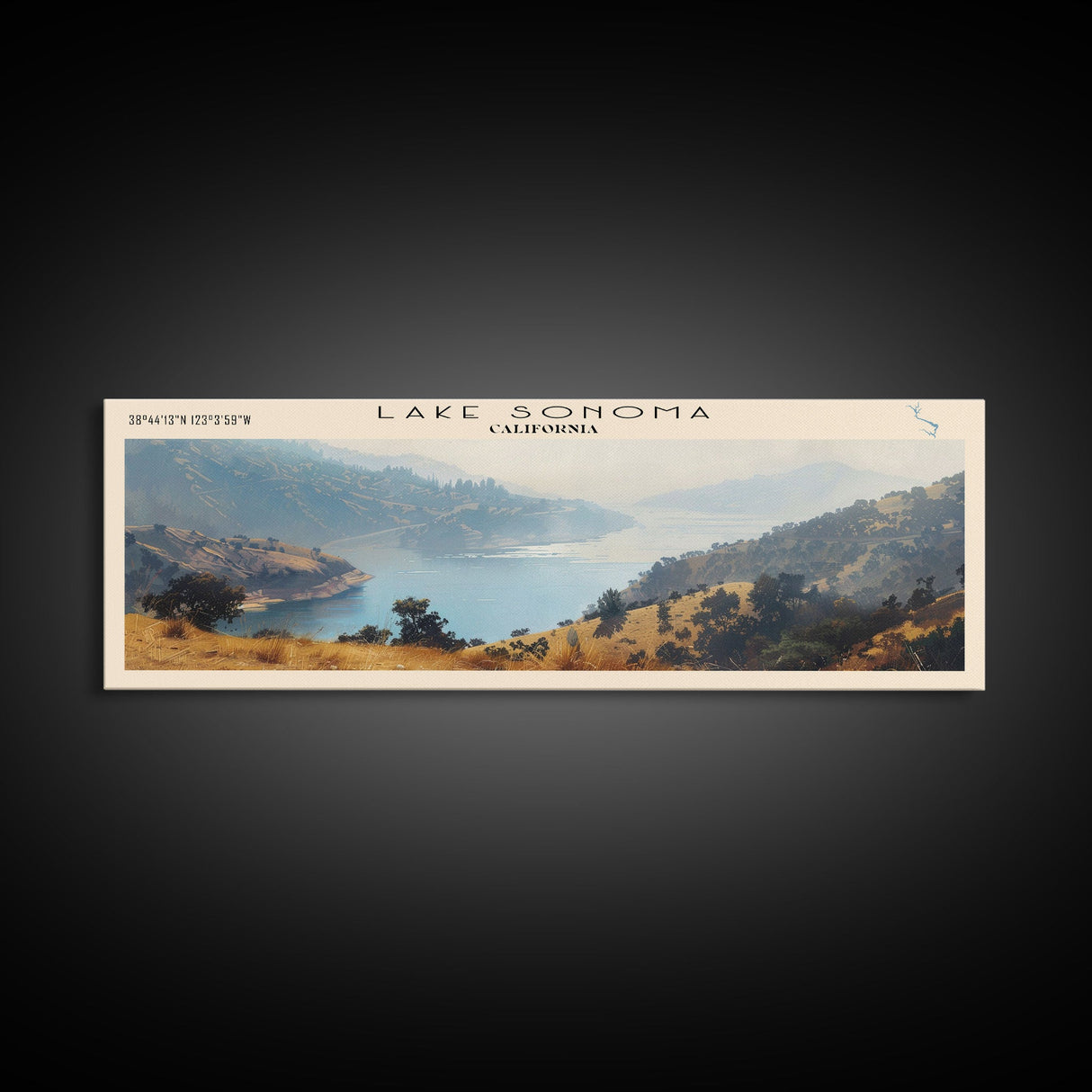 Lake Sonoma California Framed Canvas Print, Lake House Decor, Panoramic Wall Art, Travel Poster, Stunning Landscape Painting, Contemporary Art