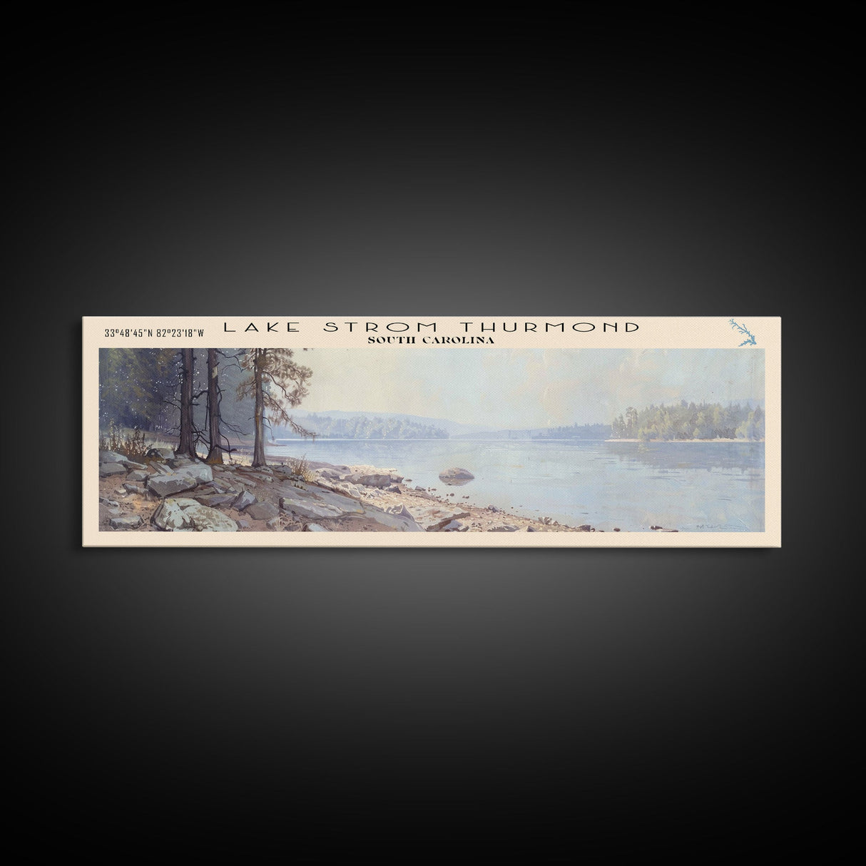 Lake Strom Thurmond South Carolina Framed Canvas Print, Lake House Decor, Panoramic Wall Art, Travel Poster, Serene Landscape Painting, Bedroom Decor