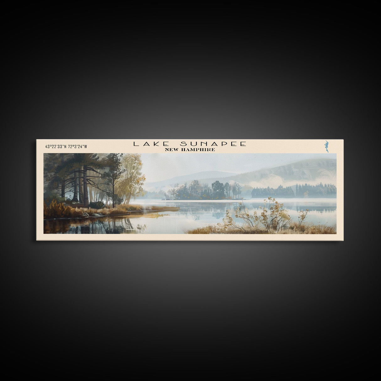 Lake Sunapee New Hampshire Framed Canvas Print, Lake House Decor, Panoramic Wall Art, Travel Poster, Scenic Landscape Painting, Living Room Decor