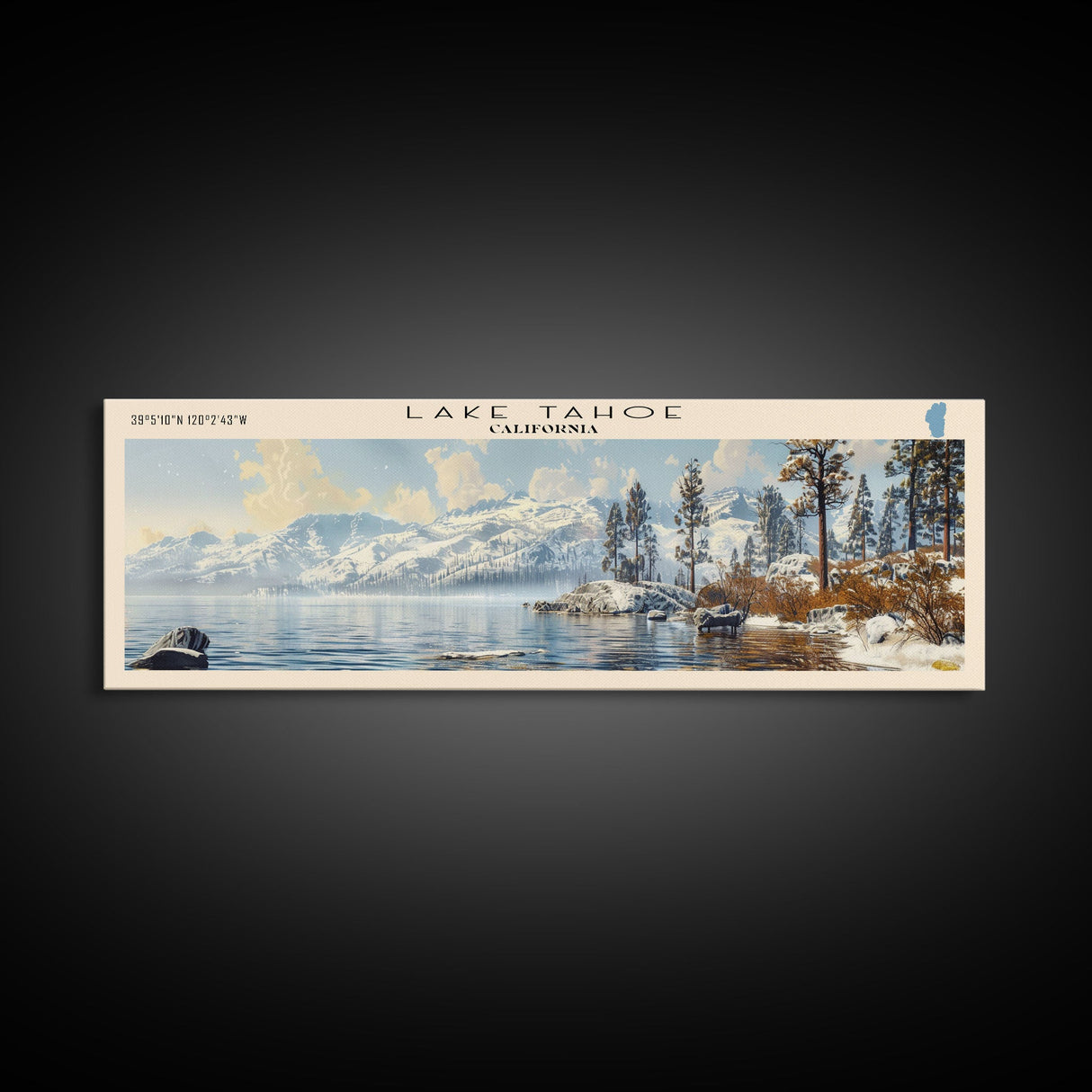 Lake Tahoe Framed Canvas Print, Lake House Decor, Panoramic Wall Art, Travel Poster, Stunning Landscape Painting, Contemporary Art