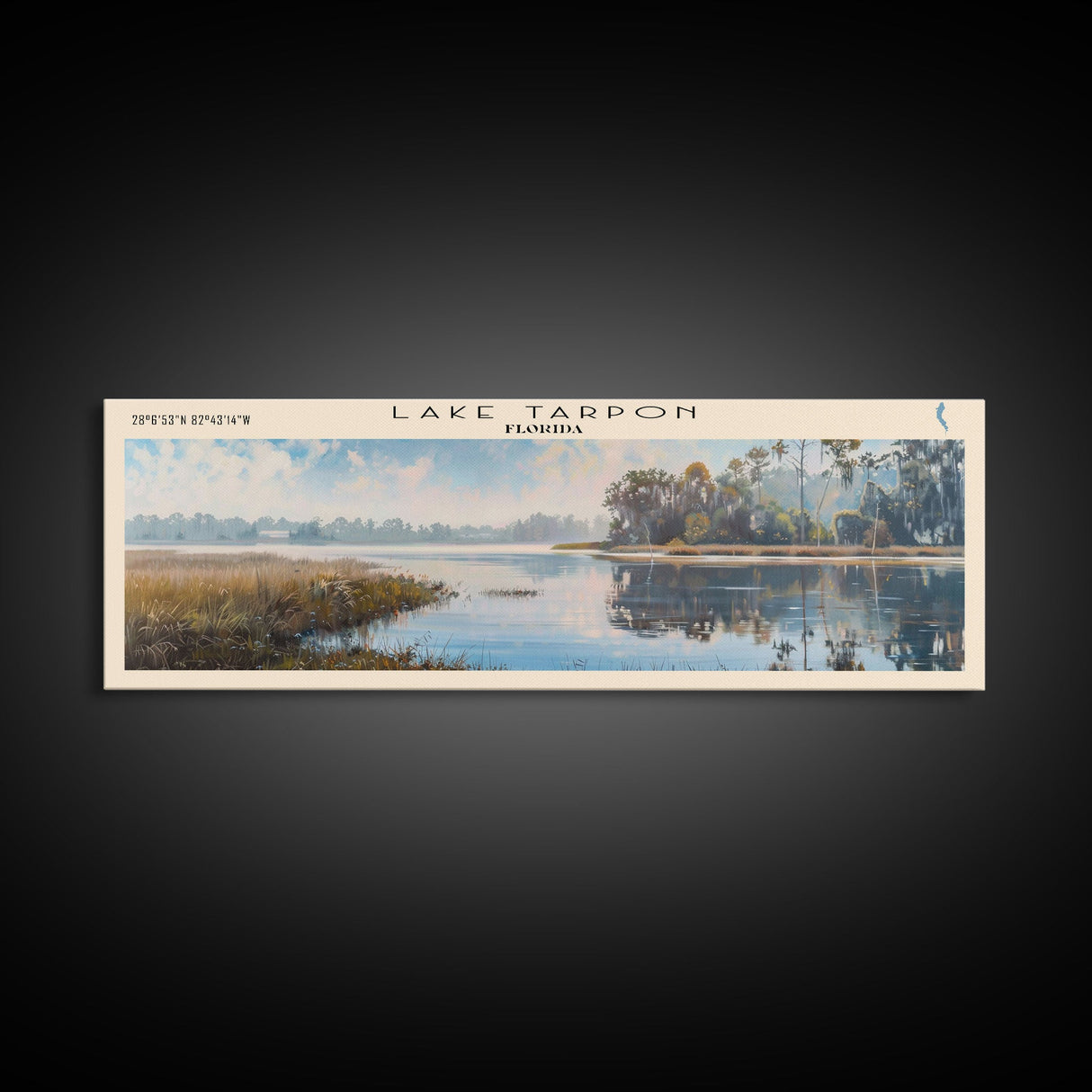 Lake Tarpon Florida Framed Canvas Print, Lake House Decor, Panoramic Wall Art, Travel Poster, Beautiful Landscape Painting, Living Room Decor