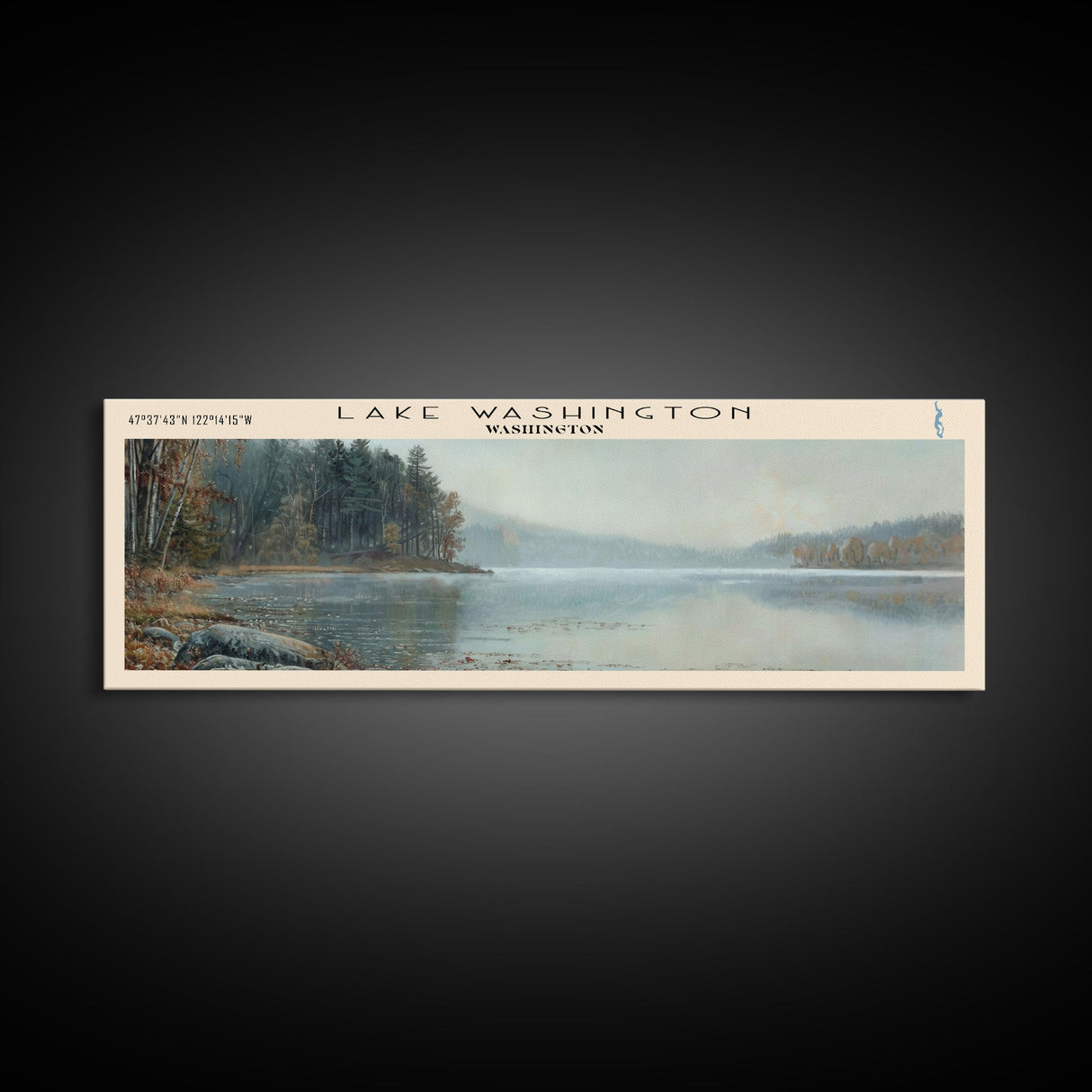 Lake Washington Washington Framed Canvas Print, Lake House Decor, Panoramic Wall Art, Travel Poster, Landscape Painting, Living Room Decor