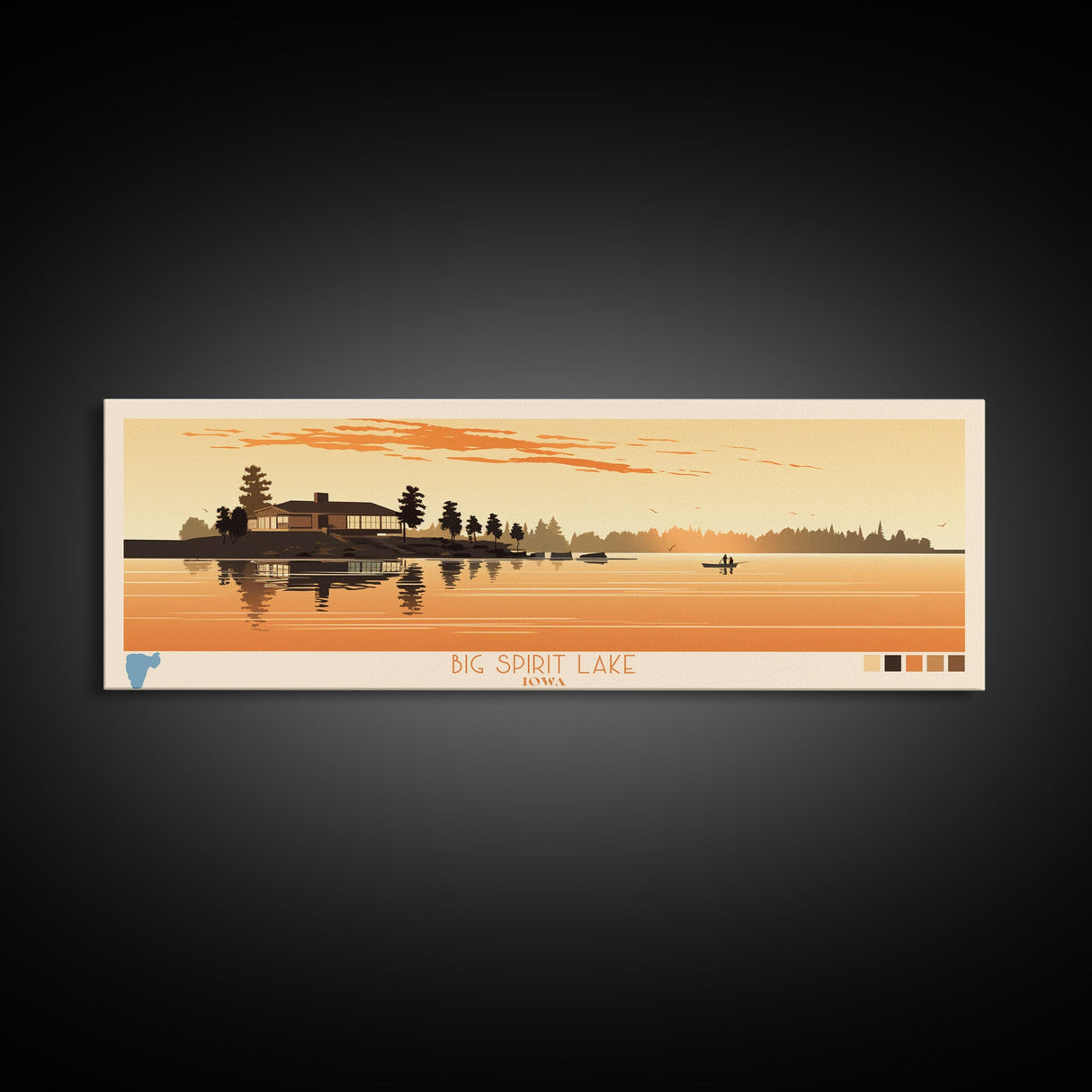 Big Spirit Lake Iowa Framed Canvas Print, Panoramic Wall Art, Midcentury Modern, Pop Art, Travel Poster, Scenic Lake House Art, Bedroom Decor