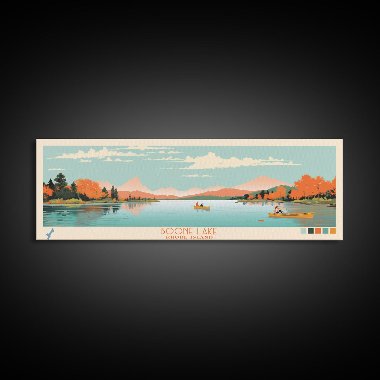 Boone Lake Rhode Island Framed Canvas Print, Panoramic Travel Poster, Midcentury Modern Wall Art, Pop Art, Nature Bedroom Decor, Scenic Lake House Art