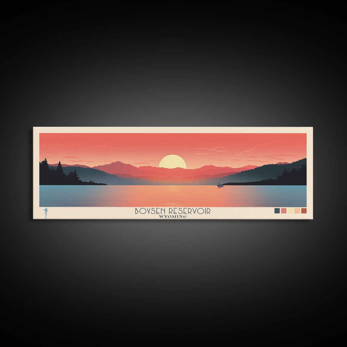 Boysen Reservoir Wyoming Framed Canvas Print, Panoramic Travel Poster, Midcentury Modern Wall Art, Pop Art, Nature Bedroom Decor, Scenic Lake House Art