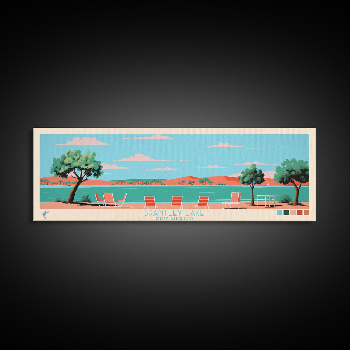 Brantley Lake New Mexico Framed Canvas Print, Midcentury Modern Panoramic Wall Art, Living Room Decor, Pop Art, Travel Poster Art, Scenic Nature Painting